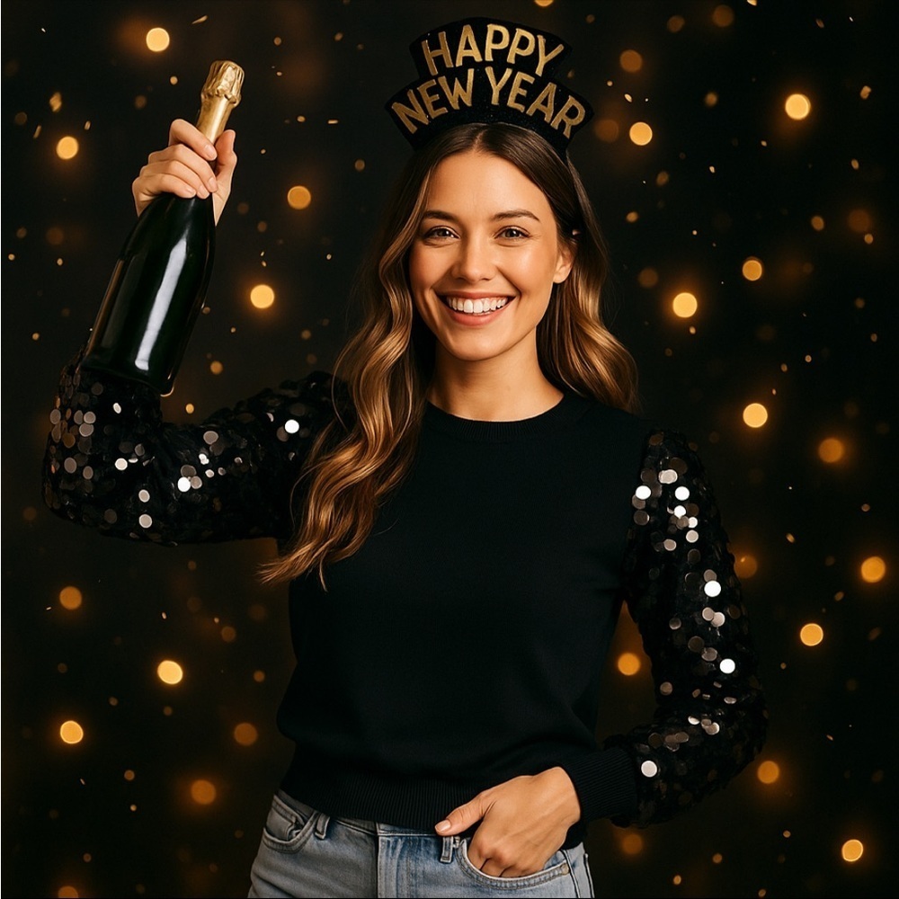 Sioni Milano Black Sequin Sleeve Crew Neck Sweater Women’s XS Party Glamour - Picture 12 of 12